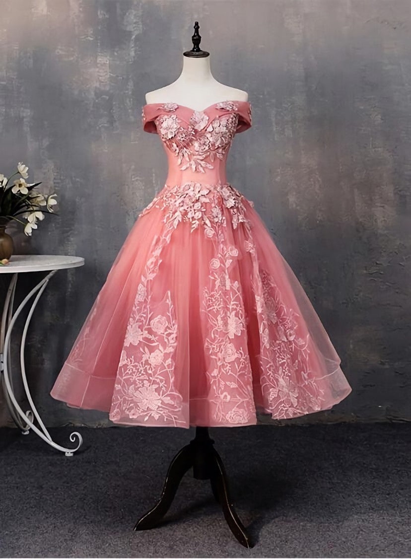 Lovely Pink Off Shoulder Party Dress, Lace Applique Prom Dress