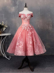 Lovely Pink Off Shoulder Party Dress, Lace Applique Prom Dress