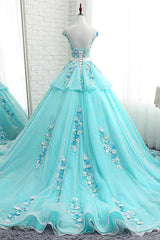 Lovey Blue Layers Ball Gown Tulle with Flowers Sweet 16 Gown, Blue Formal Dresses