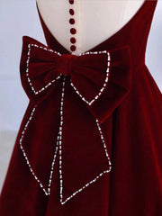 Burgundy Tea Length Velvet Prom Dress with Bowknot,  Burgundy Evening Party Dress