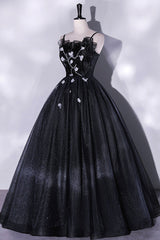 Black Tulle Long A-Line Evening Gown, Black Spaghetti Strap Evening Gown