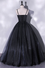 Black Tulle Long A-Line Evening Gown, Black Spaghetti Strap Evening Gown