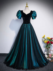 Unique Black Velvet and Tulle Long Prom Dress, A-Line Short Sleeve Evening Party Dress