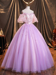 Purple Tulle Sequins Long Prom Dress, A-Line Off the Shoulder Evening Party Dress