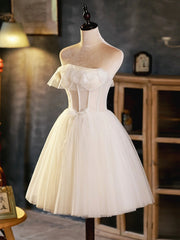 Light Champagne Strapless Tulle Short Prom Dress, Beautiful A-Line Evening Party Dress