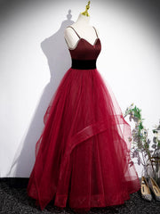 Burgundy Spaghetti Strap Tulle Long Corset Prom Dress, A-Line Evening Party Dress