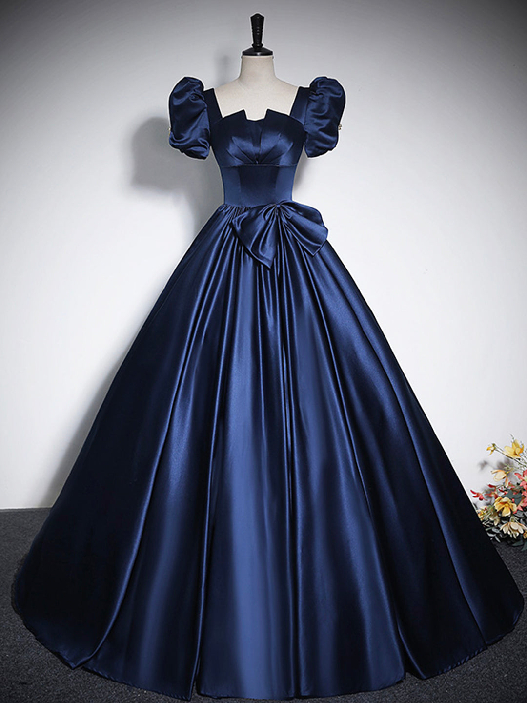 Elegant Blue Satin Floor-Length Prom Dresses, Square Neckline Puffy Short Sleeve Bow Formal Dresses