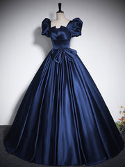 Elegant Blue Satin Floor-Length Prom Dresses, Square Neckline Puffy Short Sleeve Bow Formal Dresses