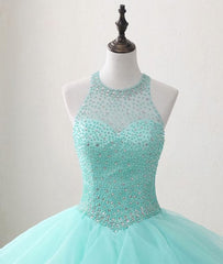 Mint Green Organza and Beaded Long Sweet 16 Dress, Handmade Formal Dress