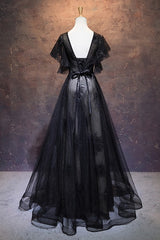 Modest Black Long A-line V-neck Black Prom Dresses Chic Party Dress