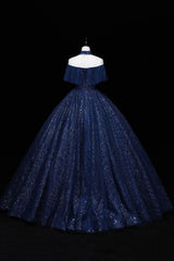 Navy Blue High Neckline Tulle with Lace Formal Dress, Navy Blue Ball Gown Sweet 16 Dress