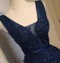 Navy Blue Knee Length Homecoming Dresses, V-neckline Short Formal Dresses