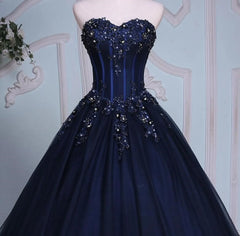 Navy Blue Lace Applique Tulle Long Party Dress, Blue Formal Gown