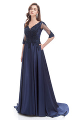 Navy Blue Satin V-neck Short Sleeve Beading Prom Dresses