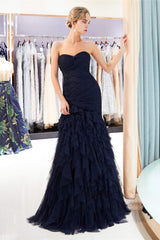 Navy Blue Sheath Sweetheart Strapless Draped Tulle Pleats Prom Dresses