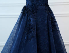 Navy Blue V-neckline Lace Long Party Dress with Flowers, Blue V-neckline Prom Dress