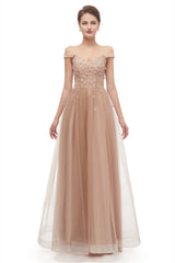 Off-Shoulder Pearls Applique A-Line Tulle Prom Dresses