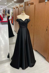 Off the Shoulder Black Satin Long Prom Dresses, Black Off Shoulder Formal Evening Dresses