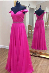 Off the Shoulder Fuchsia Long Prom Dresses with Belt, Off Shoulder Fuchsia Formal Evening Dresses