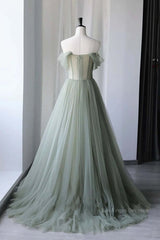 Off the Shoulder Green Tulle Long Prom Dresses, Green Tulle Off Shoulder Formal Evening Dresses