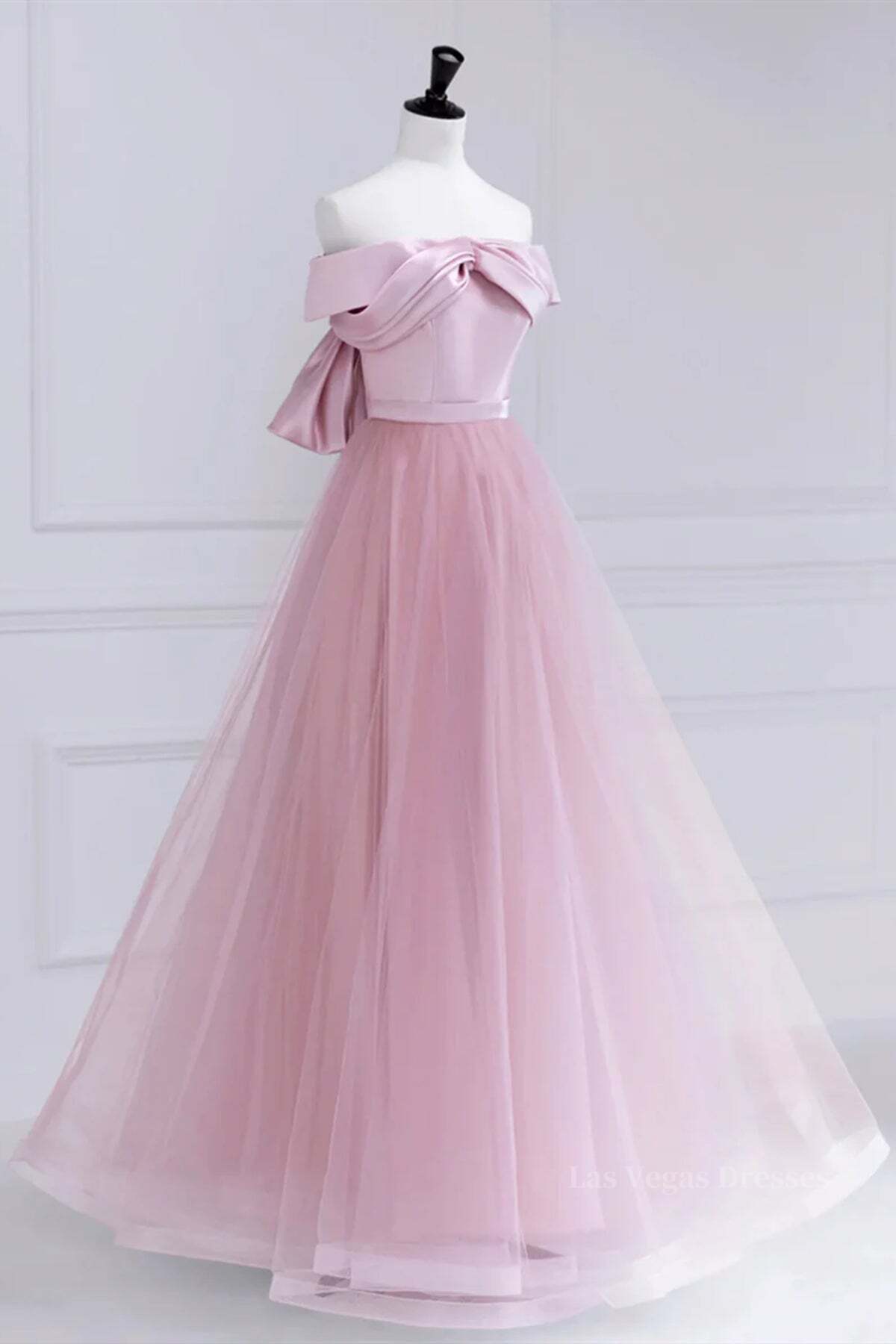 Off the Shoulder Pink Prom Dresses, Pink Tulle Formal Evening Dresses