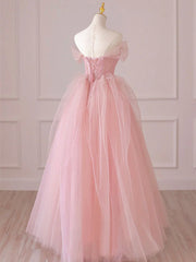 Off the Shoulder Pink Tulle Long Prom Dresses, Pink Tulle Long Formal Evening Dresses