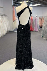 One Shoulder Black Sequins Mermaid Long Prom Dresses, Black Sequins Mermaid Long Prom Dresses