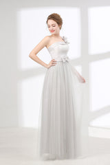 One Shoulder Soft Gray Floor Length Prom Dresses