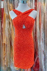 Orange Sequins Cross Front Bodycon Mini Party Dresses