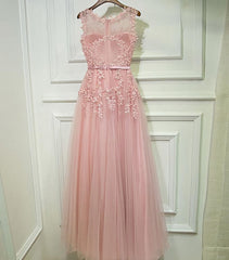 Pink Lace Tulle Long A Line Prom Dress, Pink Evening Dress, 1