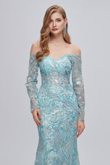 Pastel Blue Sparkly Embroidery Long Sleeve Mermaid Evening Dresses