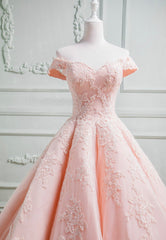 Pink Lace Long A-Line Prom Dresses, Off the Shoulder Evening Dresses