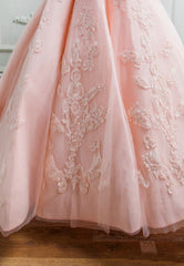 Pink Lace Long A-Line Prom Dresses, Off the Shoulder Evening Dresses