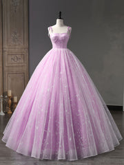 Pink A-Line Tulle Long Prom Dress, Pink Formal Sweet 16 Dress