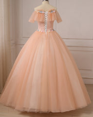 Pink Ball Gown Off Shoulder Tulle Sweet 16 Dress with Flowers, Pink Formal Dress