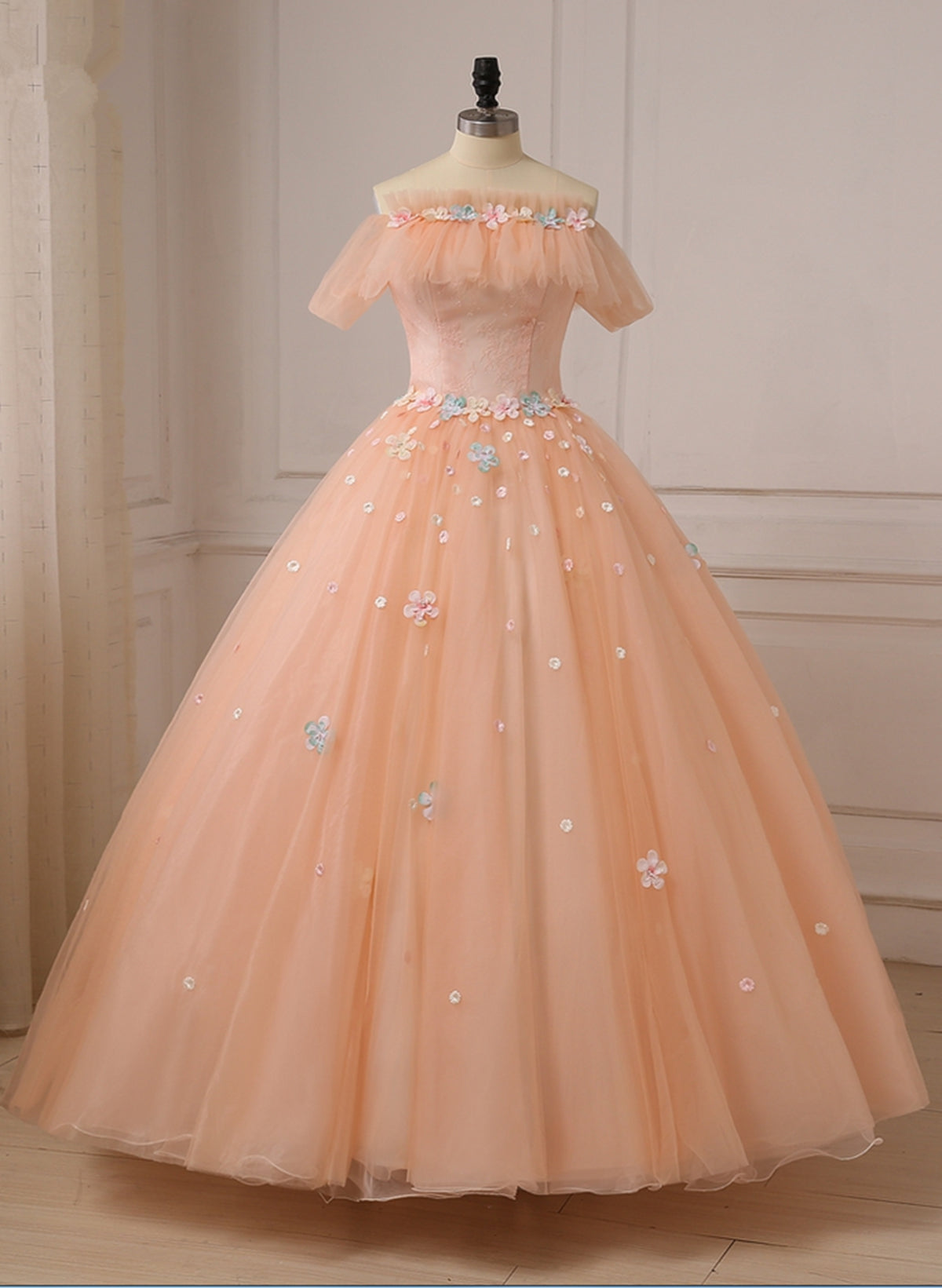 Pink Ball Gown Off Shoulder Tulle Sweet 16 Dress with Flowers, Pink Formal Dress