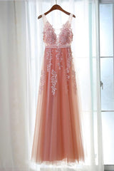 Pink Long New Prom Dress, Party Dress with Lace Applique