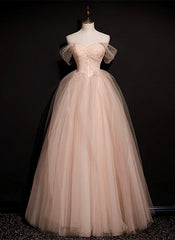 Pink Off Shoulder Beaded Tulle Long Party Dresses, Pink A-line Formal Dresses Prom Dress