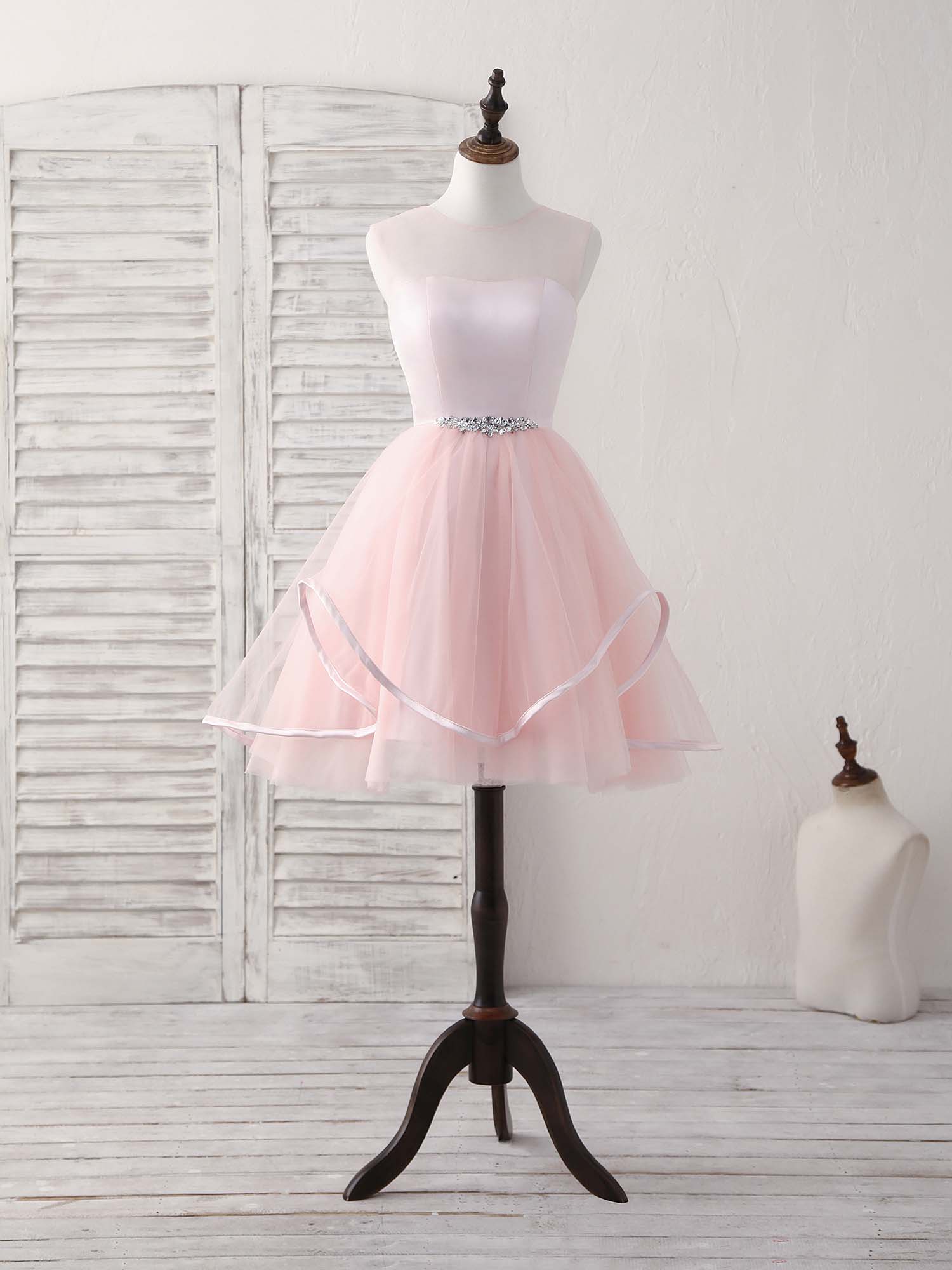 Pink Round Neck Tulle Pink Short Prom Dress Pink Homecoming Dress