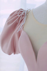 Pink Scoop Neckline Satin Prom Dress, Pink Floor Length Party Dress