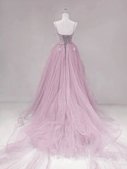 Pink Straps Tulle Chic Long Party Dress Formal Dress, Pink A-line Prom Dress