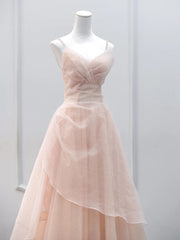 Pink Tulle Beaded Straps Long Prom Dress, A-line Pink Tulle Party Dress