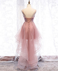 Pink Tulle Lace High Low Prom Dress, Pink Homecoming Dress