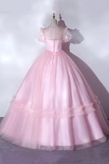 Pink Tulle Lace Long Prom Dress, Lovely A-Line Short Sleeve Evening Dress