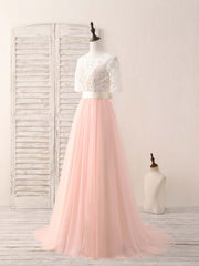 Pink Tulle Lace Long Prom Dress Pink Bridesmaid Dress