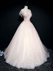 Pink tulle lace long prom dress, pink tulle lace evening dress