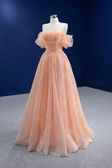 Pink Tulle Lace Strapless Prom Dress,  Pink A-Line Evening Party Dress