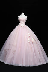 Pink Tulle Long A-Line Ball Gown, Pink Strapless Princess Sweet 16 Dress