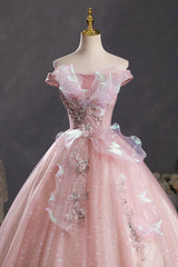 Pink Tulle Long A-Line Prom Dress with Lace, Off Shoulder Sweet 16 Dress