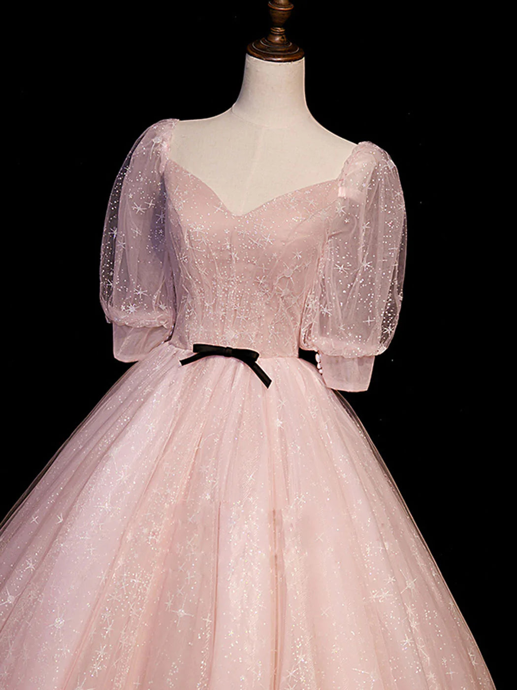 Pink Tulle Short Sleeves Ball Gown Long Formal Dresses, Pink Evening Dresses